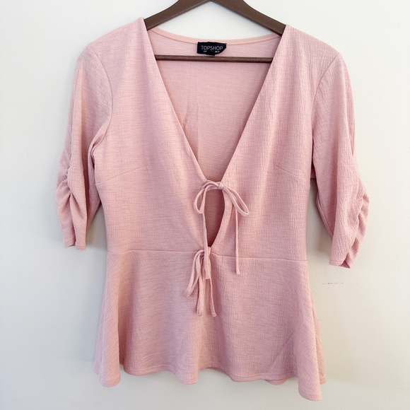 Topshop Tie-Front Peplum Top, Blush - Picture 1 of 4